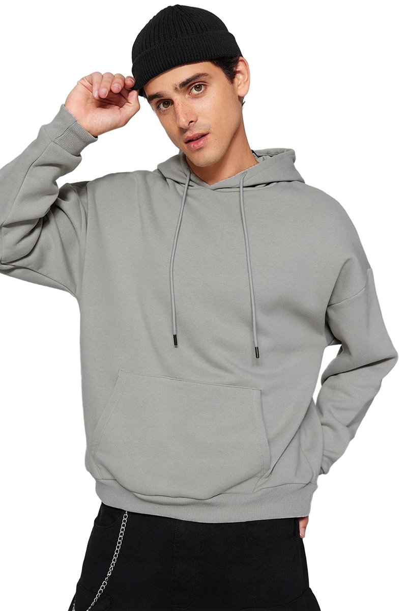 Trendyol TRENDYOL MAN BLUZA MĘSKA Z KAPTUREM SZARA BEZ NADRUKU Z KIESZENIĄ M 5DA