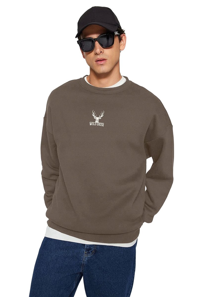 Trendyol TRENDYOL MAN BLUZA MĘSKA Z NADRUKIEM WILD DEER BRĄZOWA XS 5DA