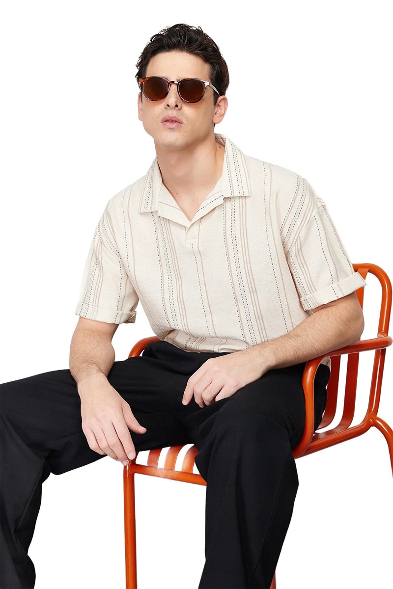 Trendyol TRENDYOL MAN KOSZULA MĘSKA CASUAL BEŻOWA W PASKI KRÓTKI RĘKAW L 5DA