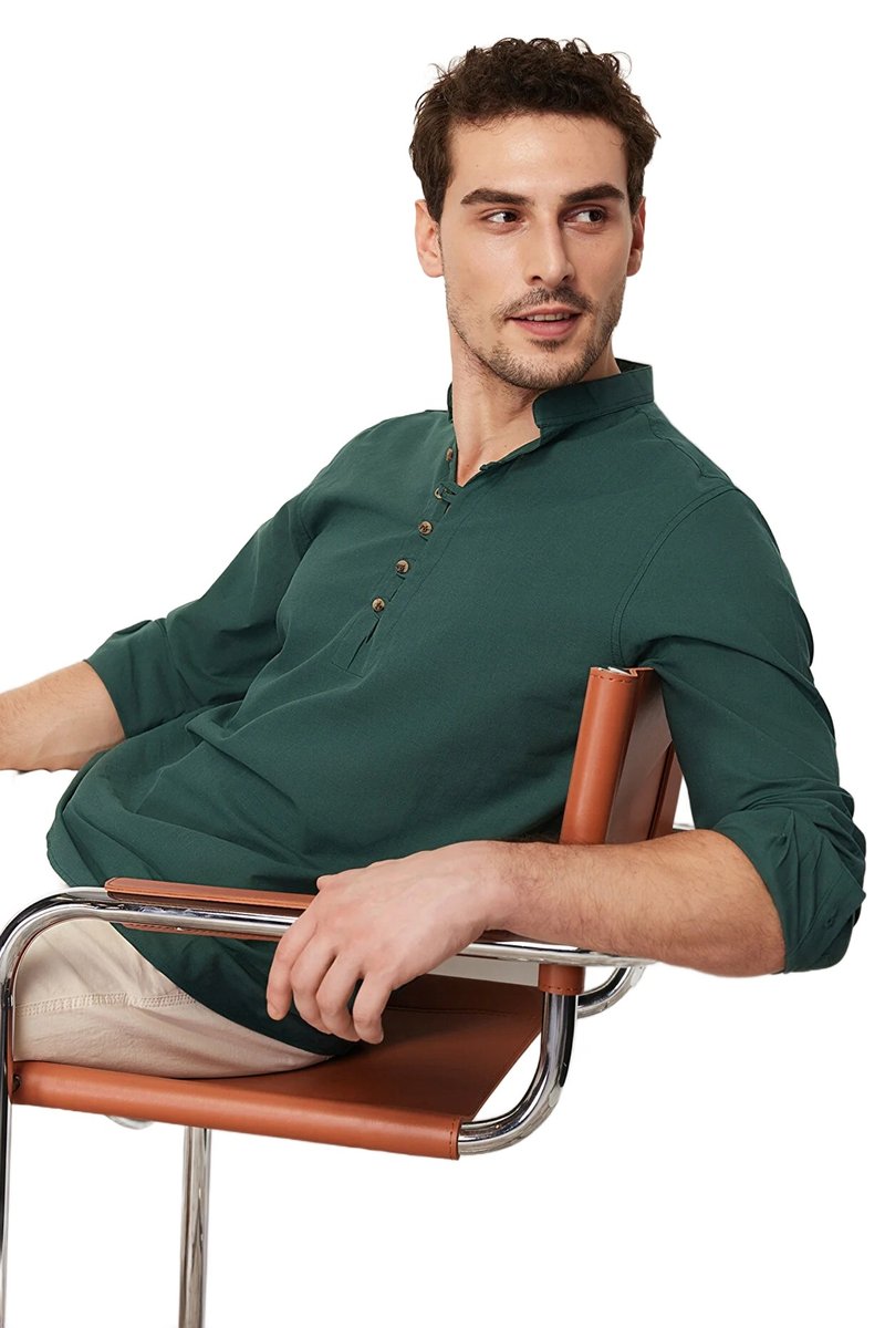 Trendyol TRENDYOL MAN MĘSKA KOSZULA CASUAL Z KOŁNIERZYKIEM STOJĄCYM ZIELONA S 5DA