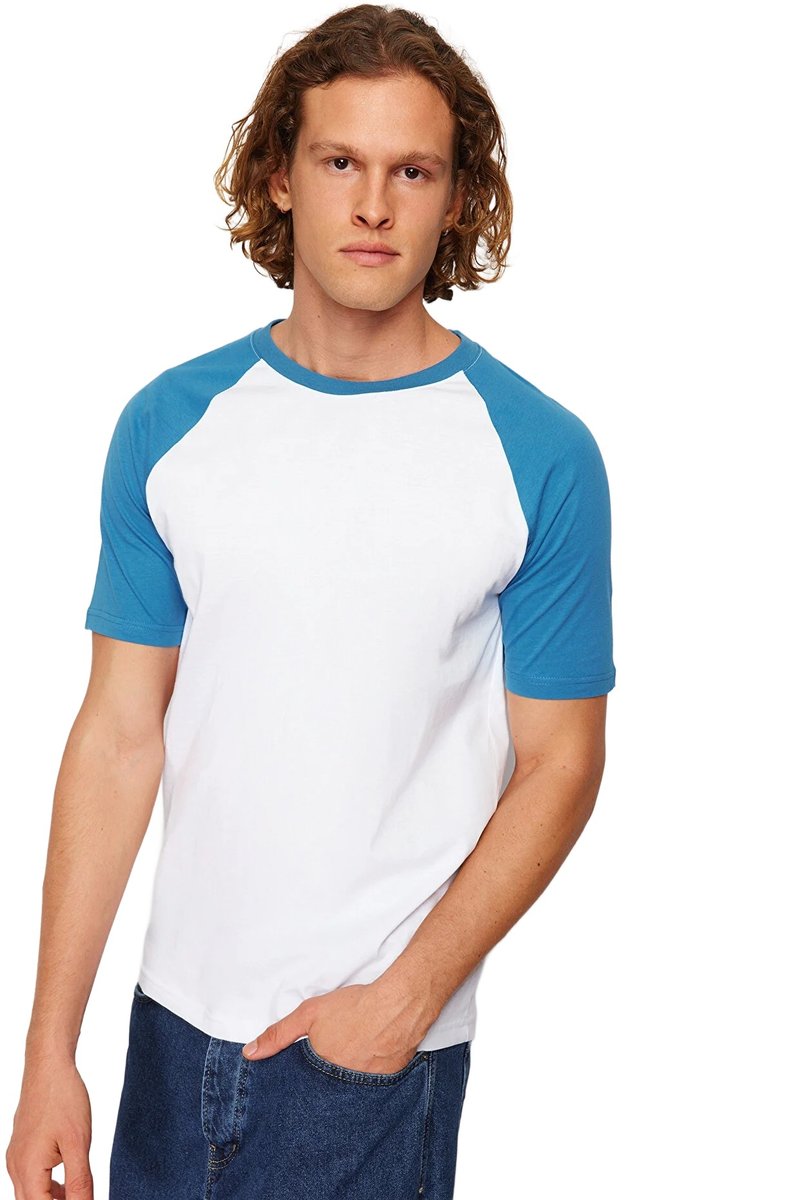 Trendyol TRENDYOL MAN MĘSKI T-SHIRT Z OKRĄGŁYM DEKOLTEM BIAŁO NIEBIESKI L 5DA