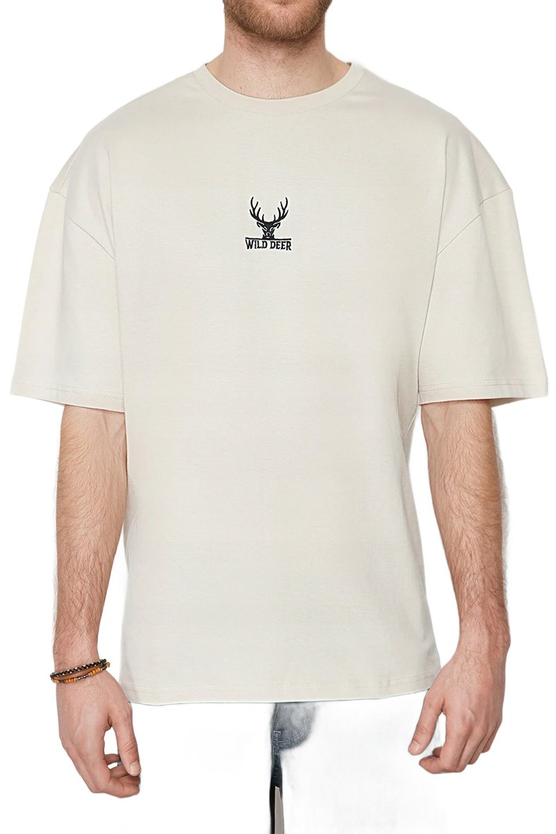 Trendyol TRENDYOL MAN T-SHIRT MĘSKI BEŻOWY Z LOGO WILD DEER NA PRZODZIE S 5DA