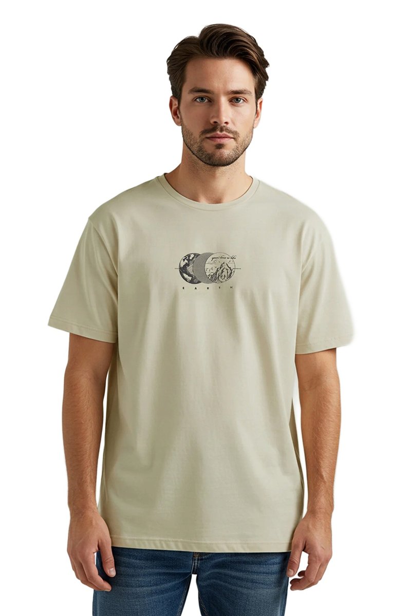 Trendyol TRENDYOL MAN T-SHIRT MĘSKI BEŻOWY Z NADRUKIEM NA PRZODZIE BAWEŁNA M 5DA