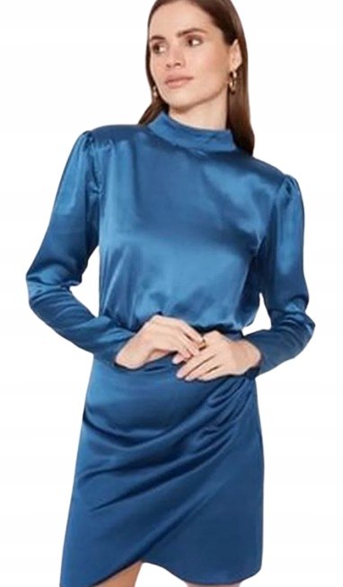 Trendyol TRENDYOL NIEBIESKA SATYNOWA SUKIENKA Z MARSZCZENIEM DŁUGI RĘKAW 38 5BA