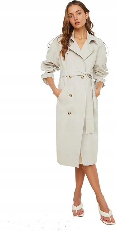 Trendyol TRENDYOL PŁASZCZ KLASYCZNY SZARY Z PASKIEM I KLAPAMI 42 5BA