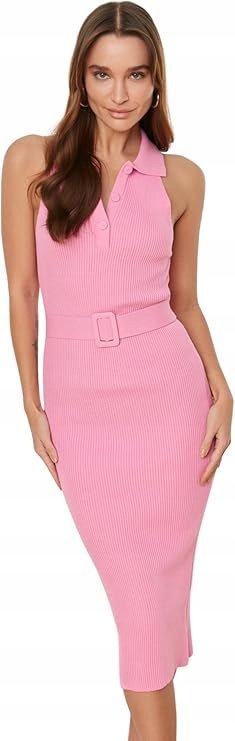 Trendyol TRENDYOL RÓŻOWA PRĄŻKOWANA SUKIENKA Z PASKIEM I KOŁNIERZYKIEM 36 5AA