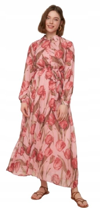 Trendyol TRENDYOL RÓŻOWA SUKIENKA MIDI W KWIATY Z KOŁNIERZYKIEM 38 5AA