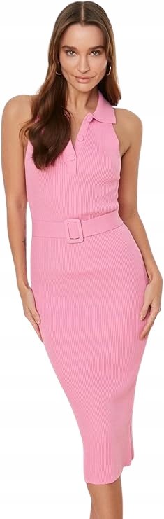 Trendyol TRENDYOL RÓŻOWA SUKIENKA OŁÓWKOWA Z PASKIEM I KOŁNIERZYKIEM 38 5_A