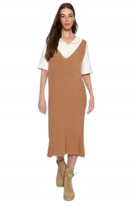 Trendyol TRENDYOL SUKIENKA MIDI CAMEL Z DEKOLTEM W SZPIC I ROZCIĘCIEM 40 5BA