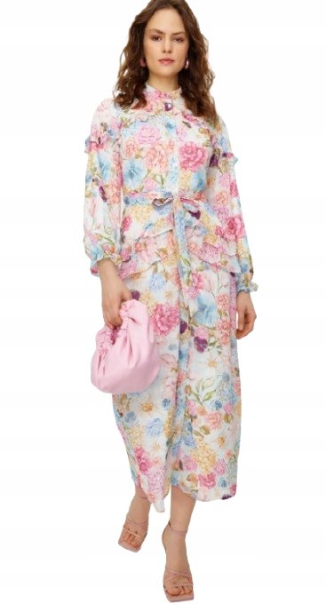 Trendyol TRENDYOL SUKIENKA MIDI W KWIATOWY PRINT Z FALBANAMI 40 5BA