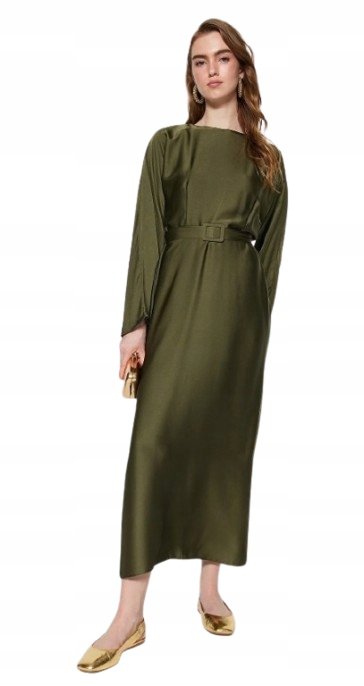 Trendyol TRENDYOL SUKIENKA MIDI Z DŁUGIM RĘKAWEM I WIĄZANIEM KHAKI 38 5AA