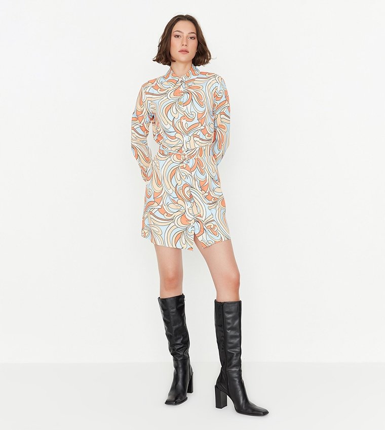 Trendyol TRENDYOL SUKIENKA WZORZYSTA Z KOŁNIERZYKIEM I DŁUGIM RĘKAWEM 34 6FA