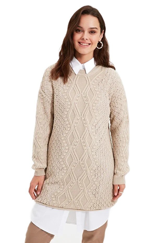 Inny producent TRENDYOL SWETER DAMSKI BEŻOWY AŻUROWY WARKOCZE DŁUGI M 5EA*
