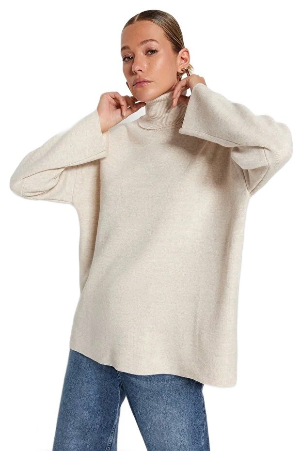 Inny producent TRENDYOL SWETER DAMSKI BEŻOWY GOLF LUŹNY BEZ DODATKÓW M 5EA*