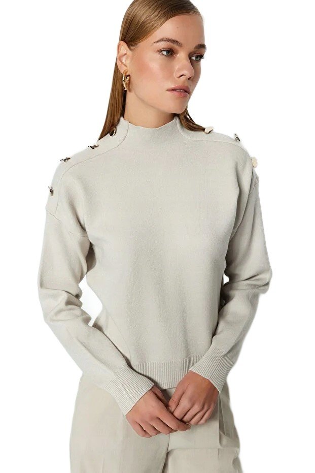 Inny producent TRENDYOL SWETER DAMSKI BEŻOWY Z GUZIKAMI NA RAMIONACH GOLF S 5EA*