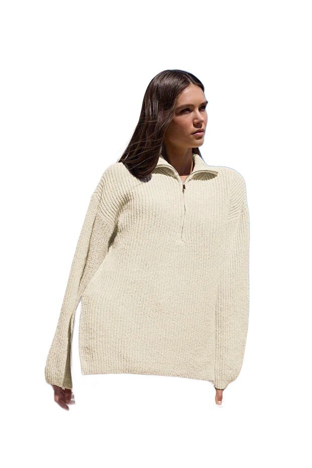 Inny producent TRENDYOL SWETER DAMSKI BEŻOWY Z ZAMKIEM I FAKTURĄ LUŹNY S 5EA*