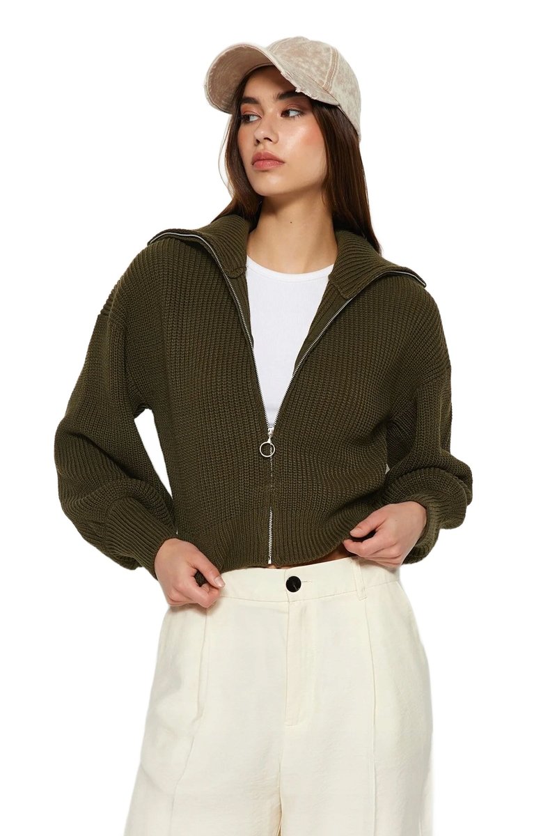 Inny producent TRENDYOL SWETER DAMSKI KHAKI KRÓTKI Z ZAMKIEM I KOŁNIERZEM M 5EA*