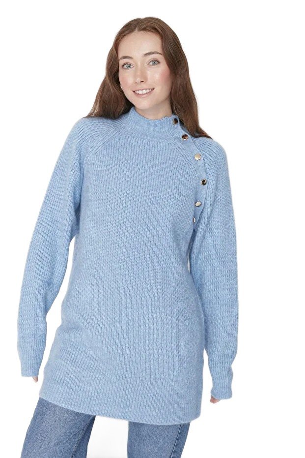 Inny producent TRENDYOL SWETER DAMSKI NIEBIESKI DŁUGI Z GUZIKAMI PRZY DEKOLCIE M 5EA*