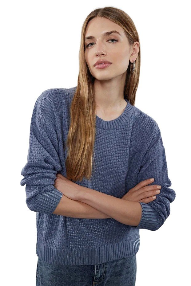 Inny producent TRENDYOL SWETER DAMSKI NIEBIESKI Z FAKTURĄ O KRÓTKIM DŁUGIM RĘKAWIE M 5EA*