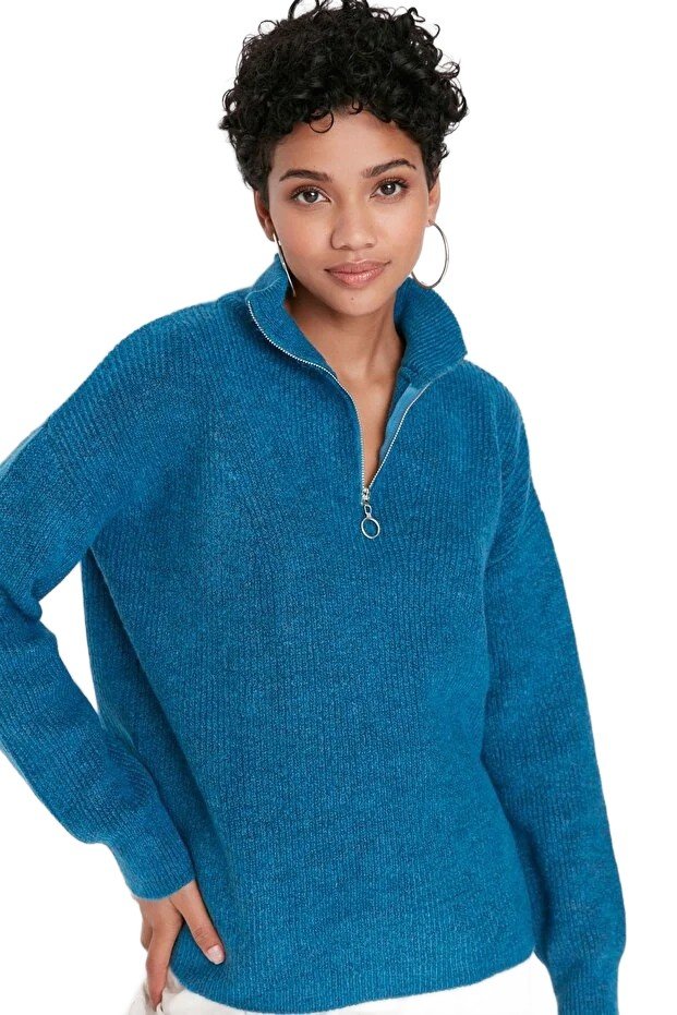Inny producent TRENDYOL SWETER DAMSKI NIEBIESKI Z ZAMKIEM I GOLFEM PROSTY M 5EA*