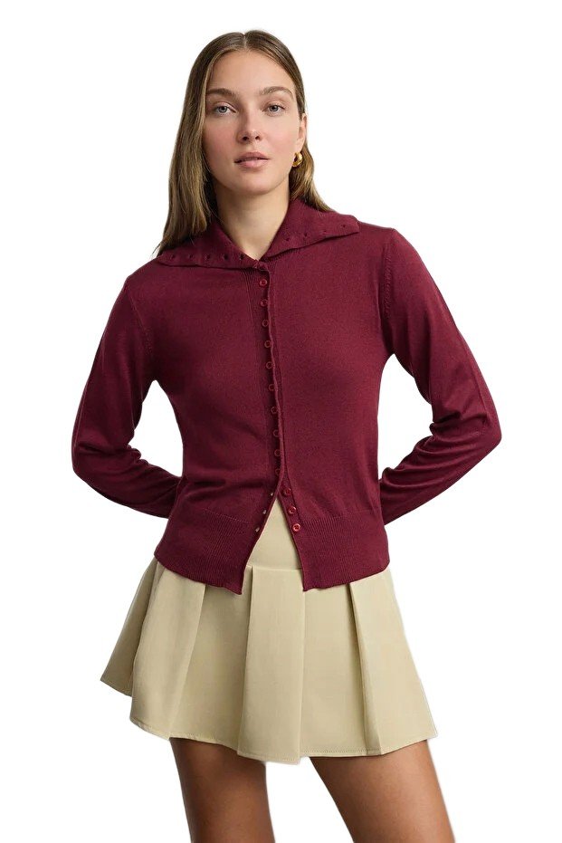 Inny producent TRENDYOL SWETER DAMSKI ROZPINANY Z KOŁNIERZYKIEM BORDOWY S 5EA*