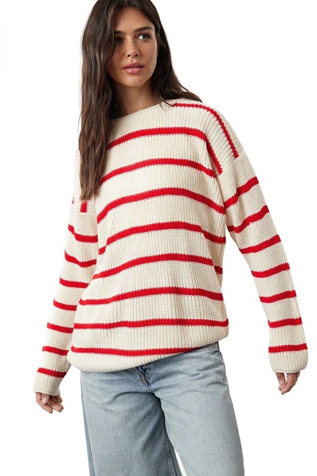 Inny producent TRENDYOL SWETER DAMSKI W PASKI Z OKRĄGŁYM DEKOLTEM LUŹNY L 5EA*