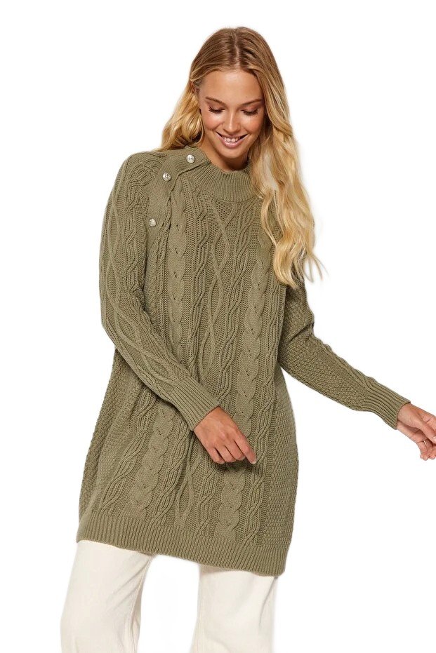 Inny producent TRENDYOL SWETER DAMSKI Z WARKOCZOWYM WZOREM I GUZIKAMI NA RAMIENIU M 5EA*