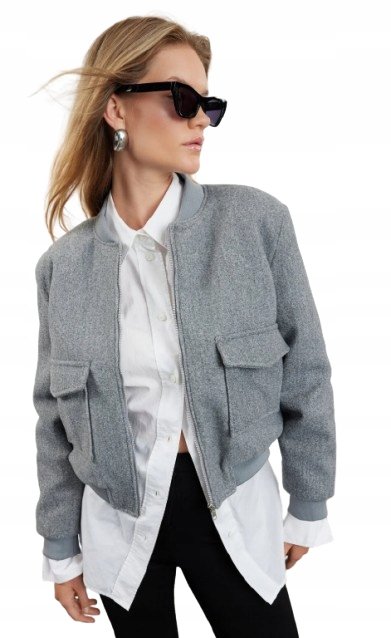 Trendyol TRENDYOL SZARA BLUZA BOMBER Z KIESZENIAMI I ŚCIĄGACZAMI 36 5AA