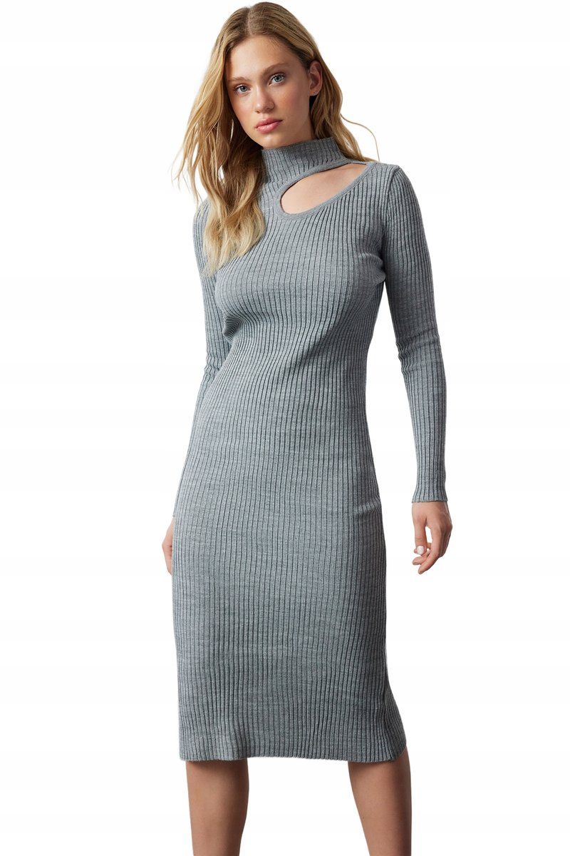 Trendyol TRENDYOL SZARA SWETERKOWA SUKIENKA MIDI Z DEKOLTEM GOLF I WYCIĘCIEM 36 5_A