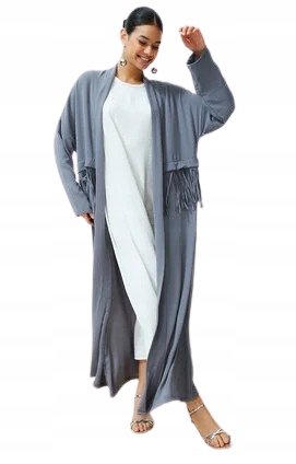 Trendyol TRENDYOL SZARY DŁUGI KARDIGAN Z FRĘDZLAMI I DŁUGIM RĘKAWEM L/XL 5BA