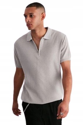 Trendyol TRENDYOL SZARY T-SHIRT MĘSKI Z ZAMKIEM I PÓŁKOSZULOWYM KOŁNIERZYKIEM 40 5BA