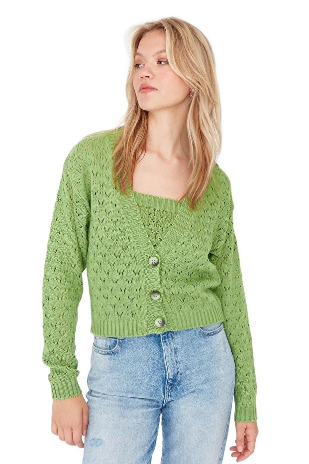 Inny producent TRENDYOL ZIELONY KRÓTKI SWETER KARDIGAN AŻUROWY Z GUZIKAMI S 5EA*