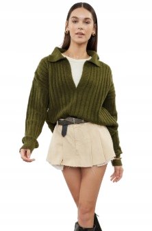 Trendyol TRENDYOL ZIELONY SWETER Z FALBANĄ DOPASOWANY Z KOŁNIERZYKIEM 42 5AA