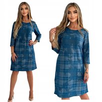 Turkusowa Śliczna Prosta Sukienka w Kratkę Rozmiar 40