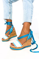 Turkusowe sandały Casu na korkowym koturnie wiązane wstążką polska skóra 2047-40