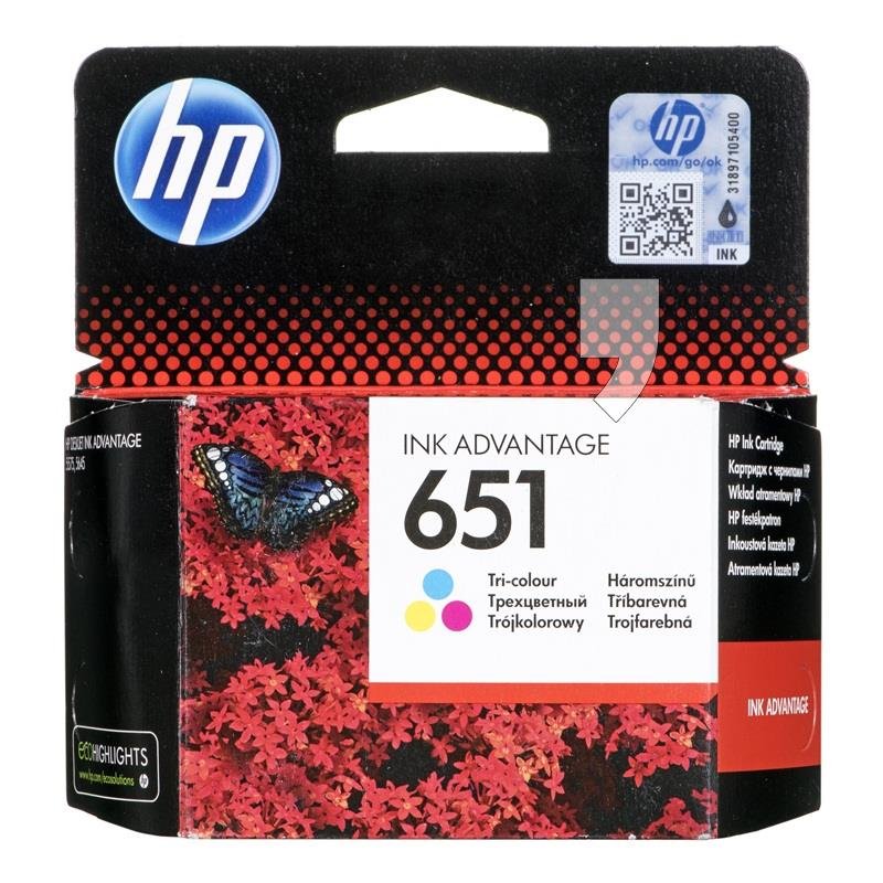 Tusz HP 651 C2P11AE, błękitny, purpurowy, żółty, 300 str.