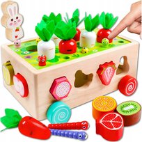 Układanka Sorter Klocków Montessori Złap Robaczka Drewniany Wózek Marchewki