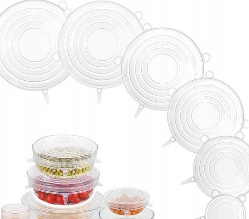 UNIWERSALNE POKRYWKI SILIKONOWE DO ŻYWNOŚCI - BEZBARWNE - 6 szt.-Zdjęcie-0