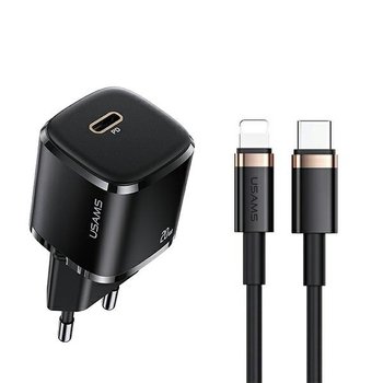USAMS Ład. siec. 1xUSB-C T36 mini 20W + kabel USB-C-Lightning czarny/black PD3.0 Fast Charging XFKXLOGTL01 (US-CC124+US-SJ484) - USAMS