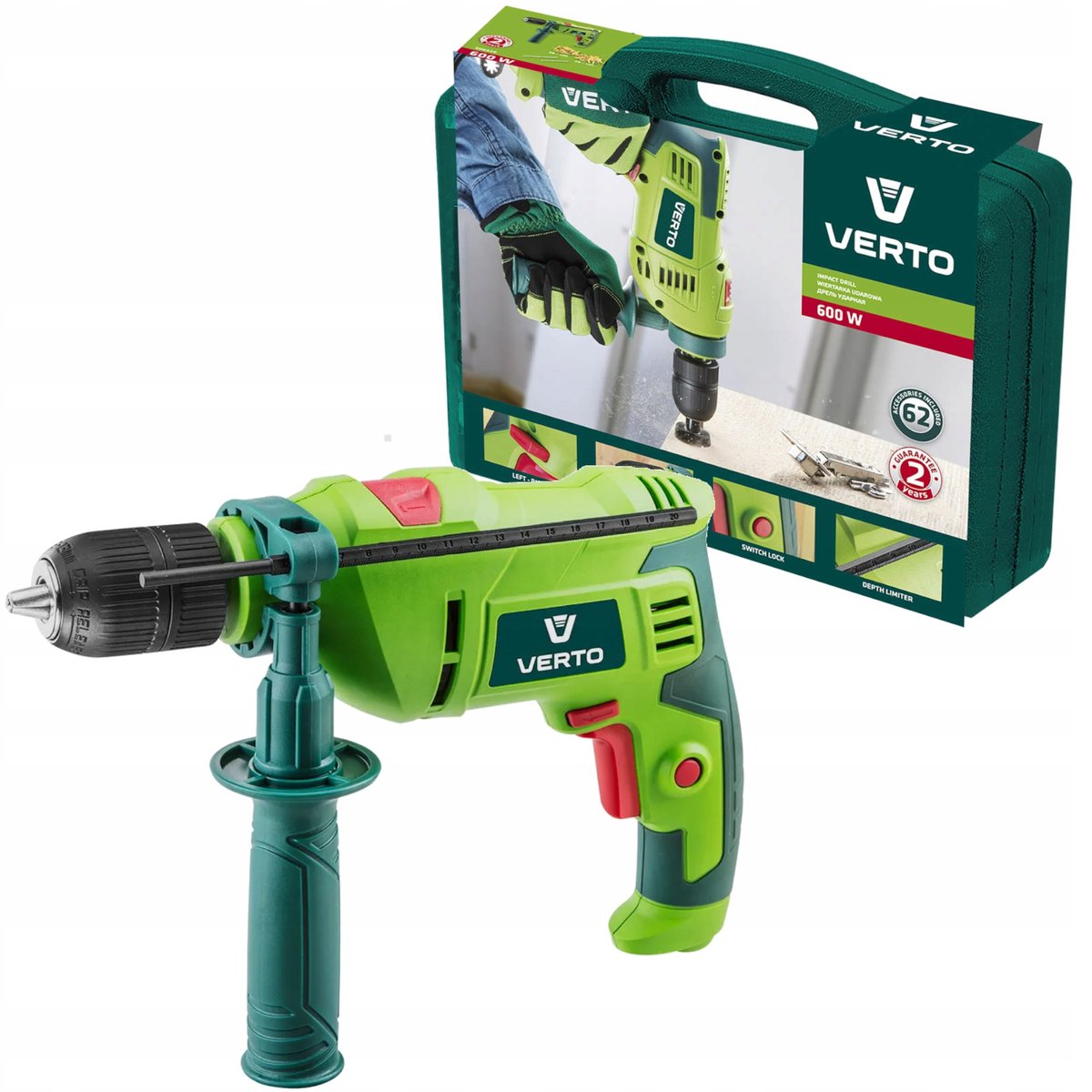 VERTO Wiertarka udarowa 600W, uchwyt samozaciskowy 13 mm, walizka + akcesoria 50G539