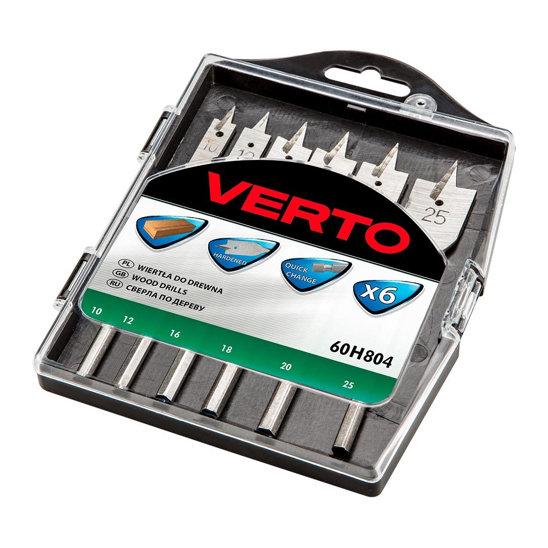 VERTO, Wiertła do drewna łopatkowe, 10, 12, 16, 18, 20, 25mm, zestaw 6 szt., 60H804