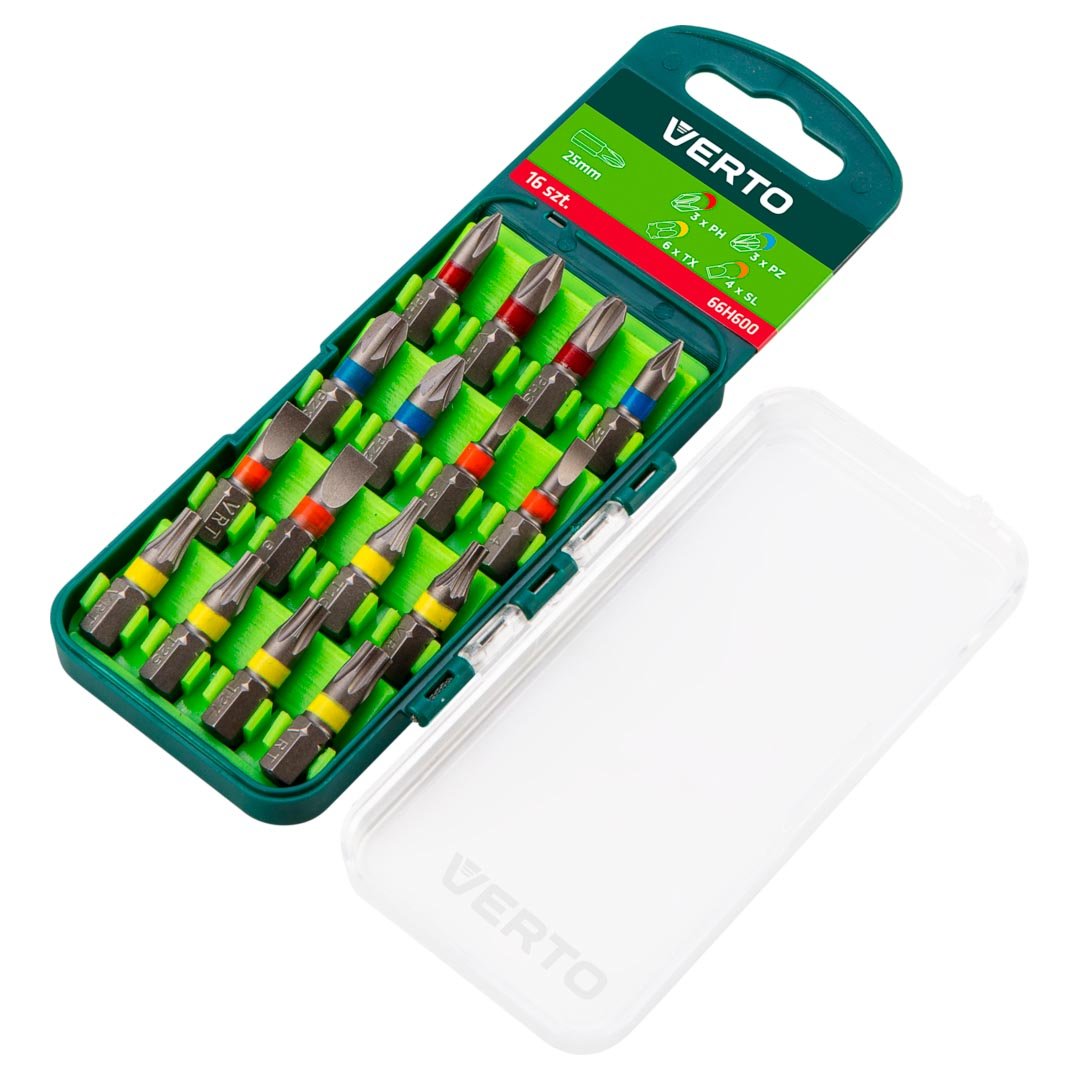 VERTO, Zestaw bitów 16 szt., 25 mm - 3 x PH, 3 x PZ, 4 x SL, 6 x TX, 66H600