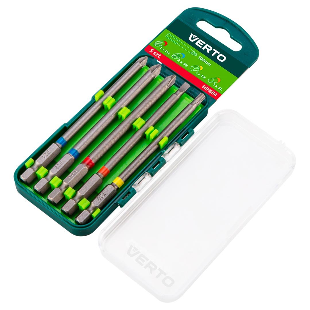 VERTO, Zestaw bitów 5 szt., 100 mm - 1 x PH, 2 x PZ, 1 x SL, 1 x TX, 66H604