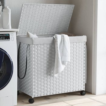 vidaXL Kosz na pranie z kółkami, biały, 60x35x60,5 cm, rattan - vidaXL