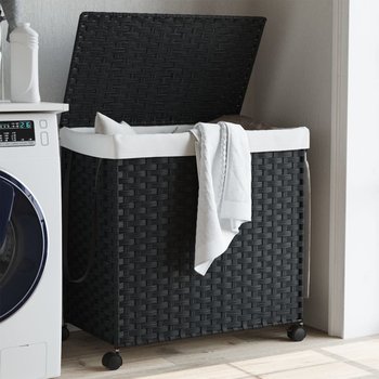 vidaXL Kosz na pranie z kółkami, czarny, 60x35x60,5 cm, rattan - vidaXL
