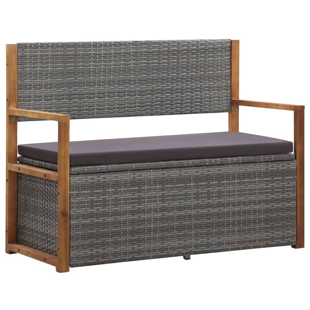 vidaXL Ławka ze schowkiem, 115 cm, rattan PE i drewno akacjowe, szara