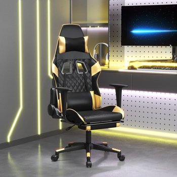 vidaXL Masujący fotel gamingowy z podnóżkiem, czarno-złoty - vidaXL