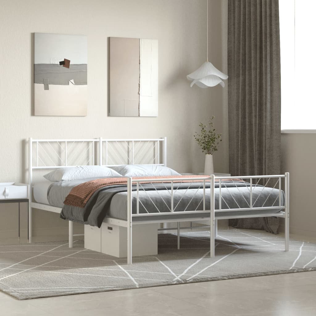 Фото - Ліжко VidaXL Metalowa rama łóżka z wezgłowiem i zanóżkiem, biała, 135x190 cm 