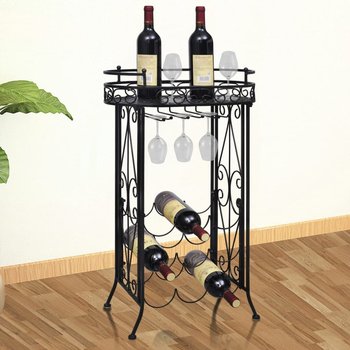 vidaXL Metalowy stojak na 9 butelek wina ze stolikiem i wieszakami  - vidaXL