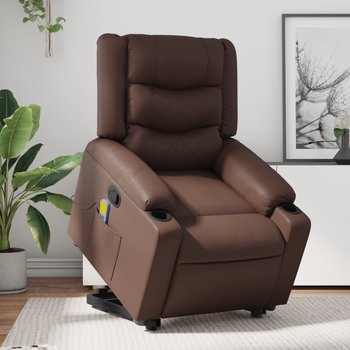 vidaXL Podnoszony fotel masujący, rozkładany, brązowy, ekoskóra - vidaXL